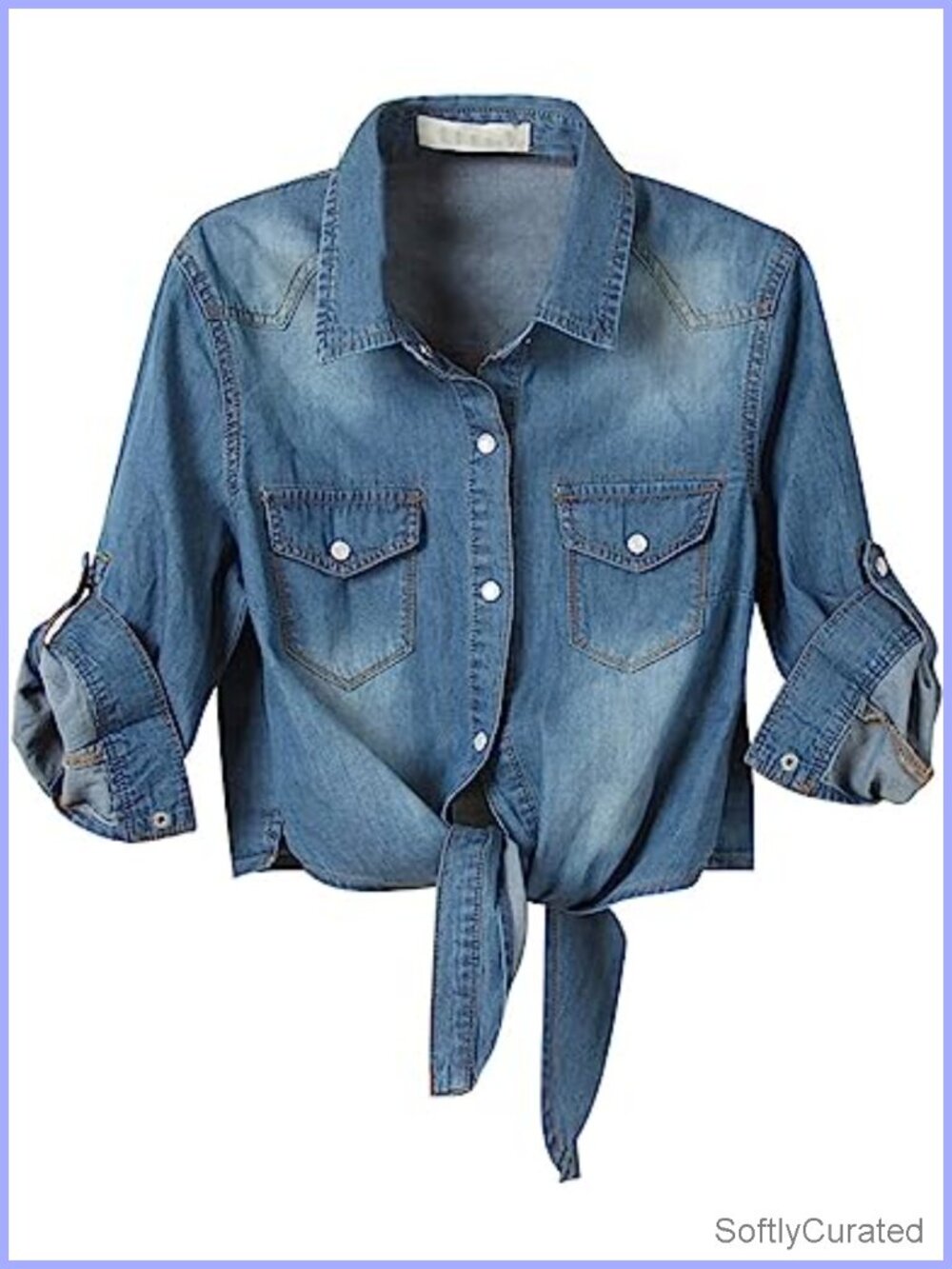 SeekMe Womens Denim Button Down Crop Top Tie Front Chambray Jean Shirt